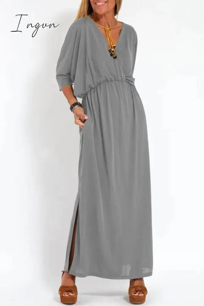 Ingvn - Casual Simplicity Solid Pocket Slit V Neck A Line Dresses Light Gray / S Dresses/Casual