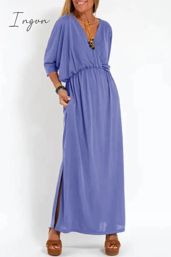 Ingvn - Casual Simplicity Solid Pocket Slit V Neck A Line Dresses Light Purple / S Dresses/Casual