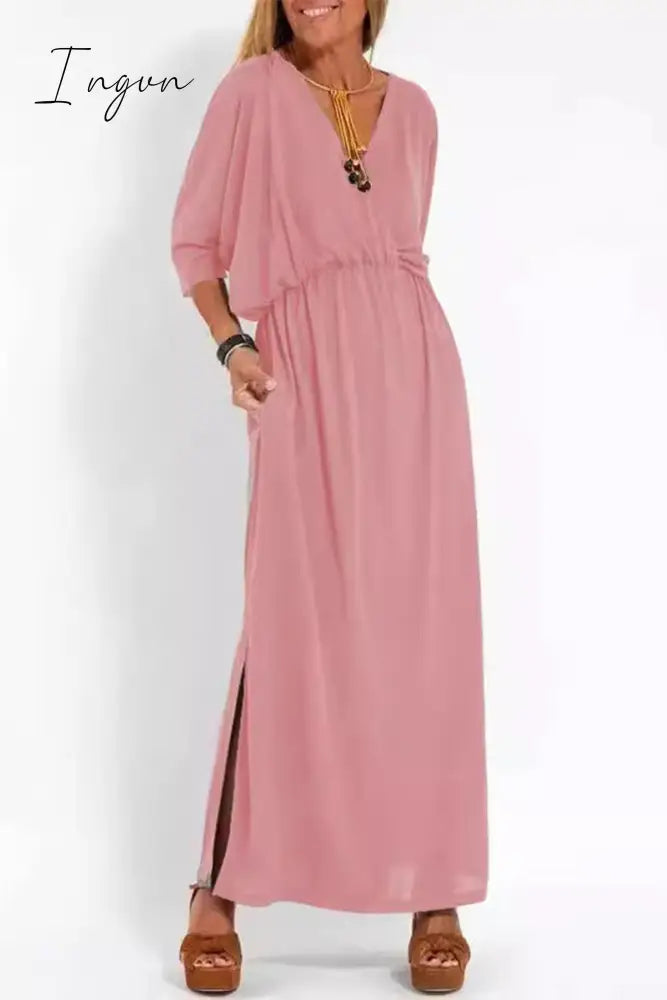 Ingvn - Casual Simplicity Solid Pocket Slit V Neck A Line Dresses Pink / S Dresses/Casual