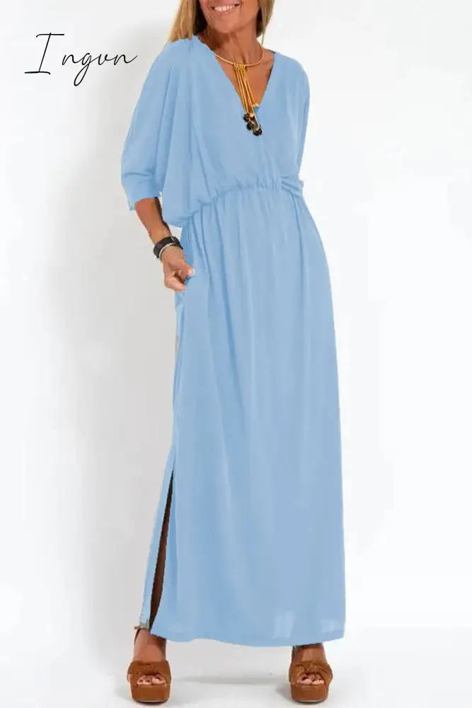 Ingvn - Casual Simplicity Solid Pocket Slit V Neck A Line Dresses Sky Blue / S Dresses/Casual