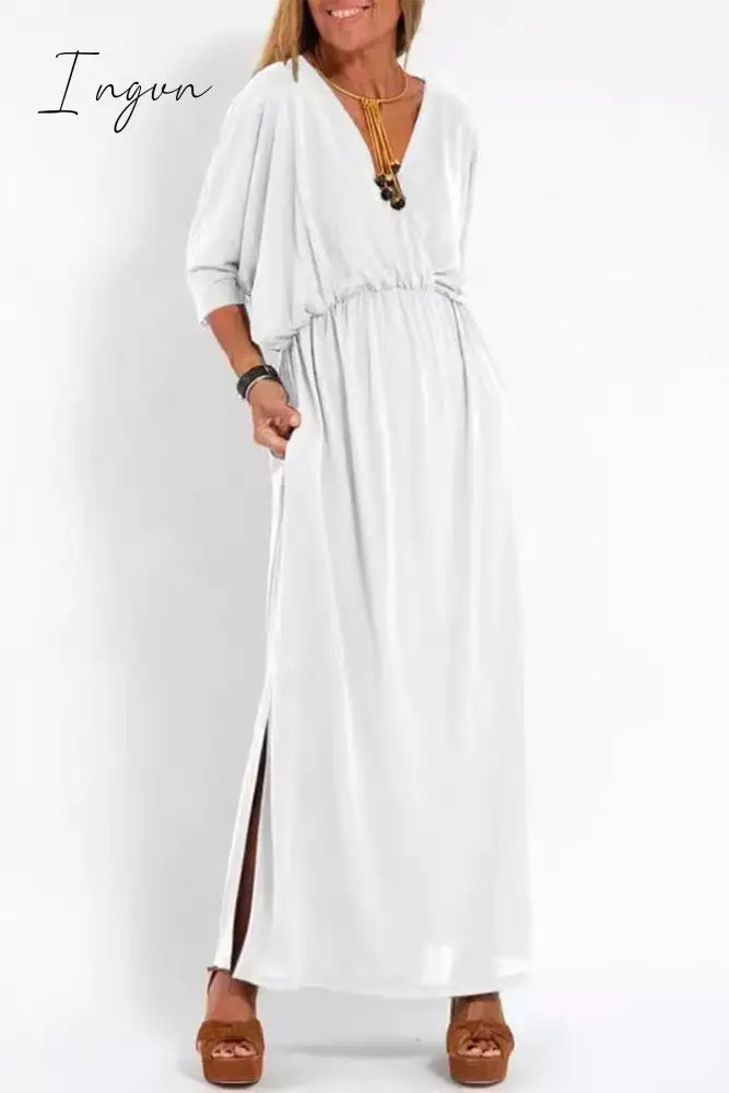 Ingvn - Casual Simplicity Solid Pocket Slit V Neck A Line Dresses White / S Dresses/Casual