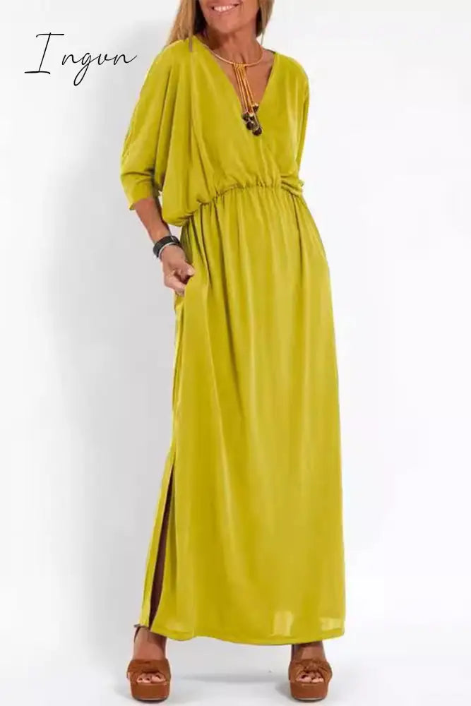 Ingvn - Casual Simplicity Solid Pocket Slit V Neck A Line Dresses Yellow / S Dresses/Casual