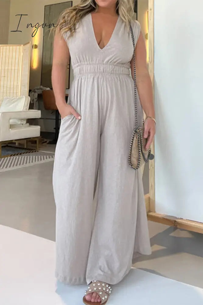 Ingvn - Casual Simplicity Solid Pocket V Neck Loose Jumpsuits Brownness / S & Rompers/Jumpsuits