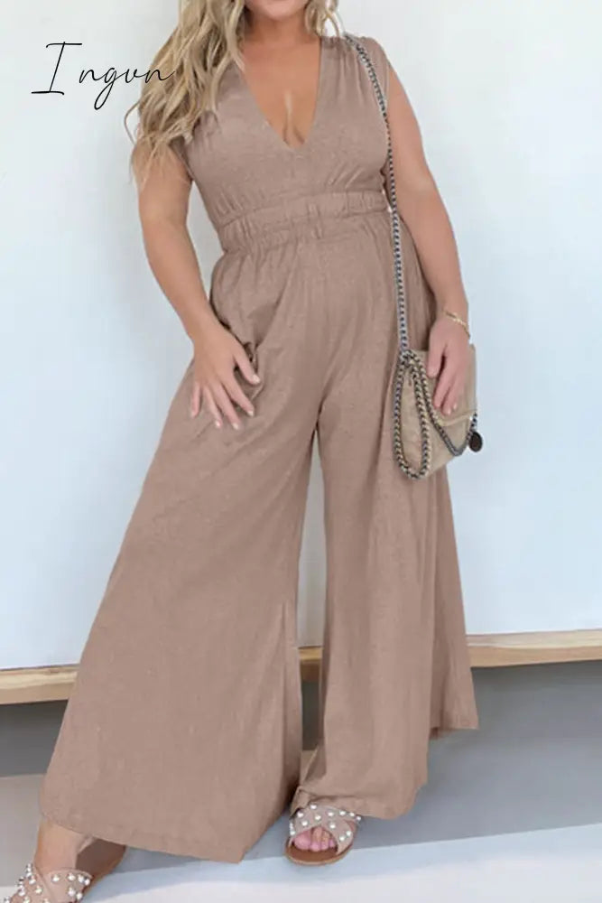 Ingvn - Casual Simplicity Solid Pocket V Neck Loose Jumpsuits Coffee / S & Rompers/Jumpsuits