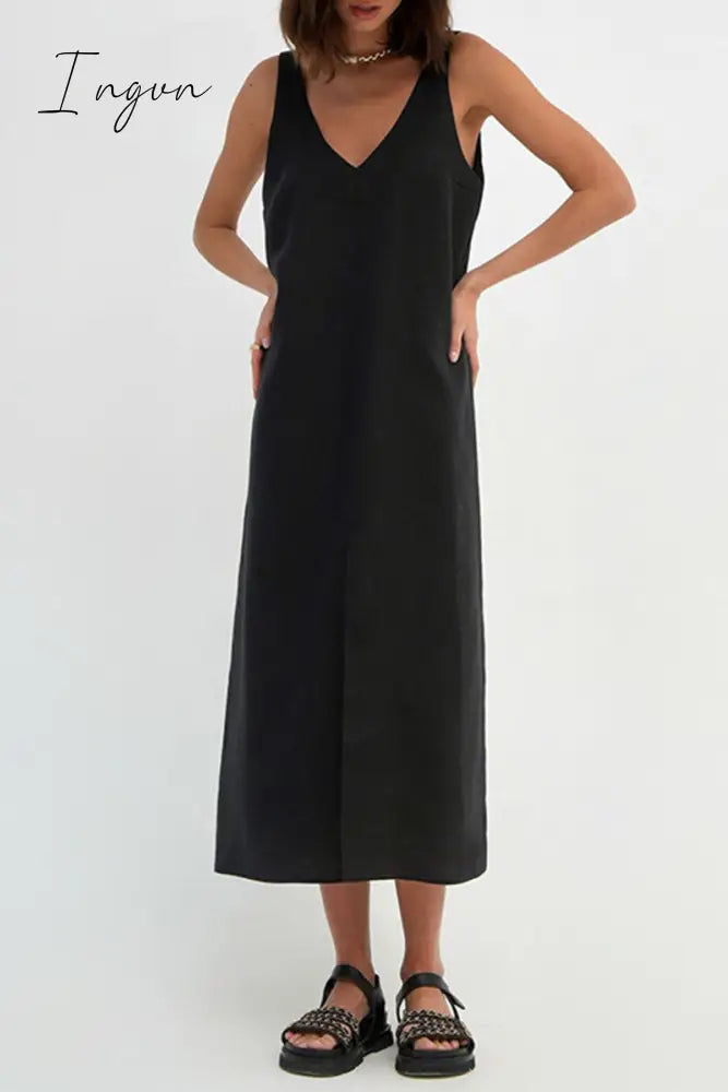 Ingvn - Casual Simplicity Solid V Neck Sleeveless Dresses Black / S Dresses/Casual