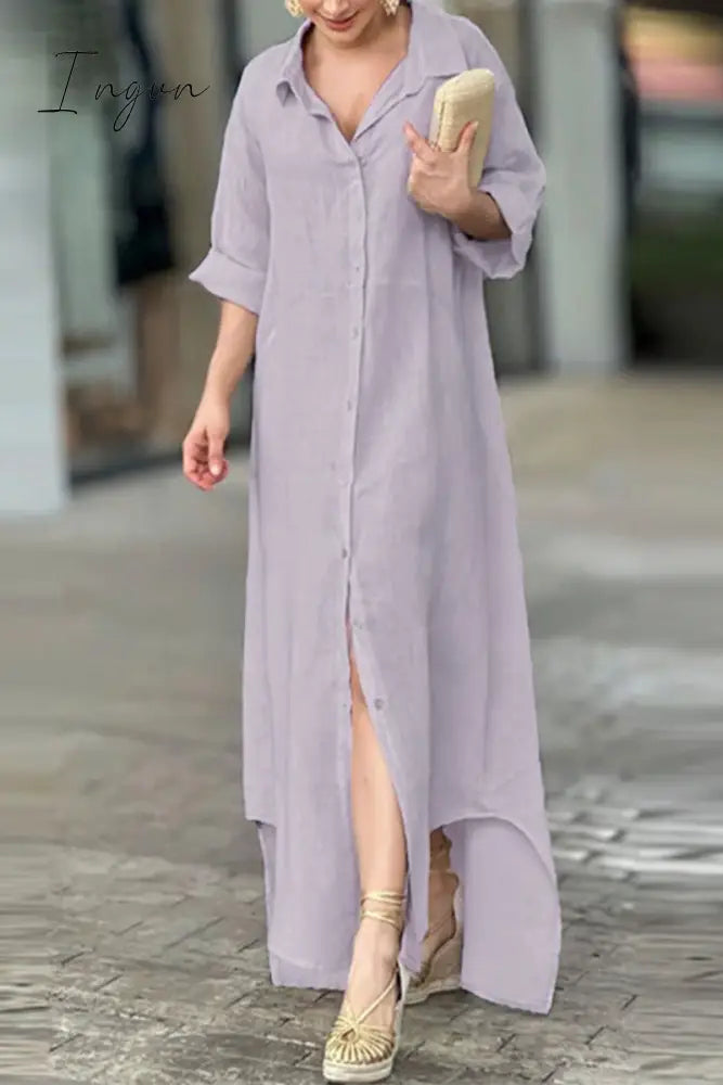 Ingvn - Casual Solid Buttons Turndown Collar Shirt Dress Dresses Dresses/Casual