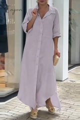 Ingvn - Casual Solid Buttons Turndown Collar Shirt Dress Dresses Gray Purple / S Dresses/Casual