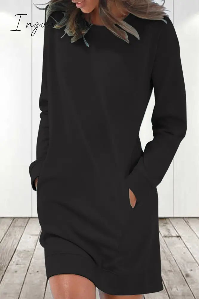 Ingvn - Casual Solid Color O Neck Long Sleeve Dresses(6 Colors) Black / S Dresses/Long Dresses