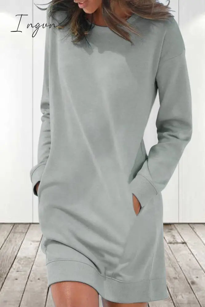 Ingvn - Casual Solid Color O Neck Long Sleeve Dresses(6 Colors) Grey / S Dresses/Long Dresses