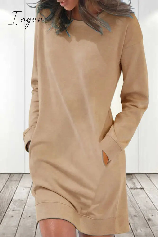 Ingvn - Casual Solid Color O Neck Long Sleeve Dresses(6 Colors) Khaki / S Dresses/Long Dresses