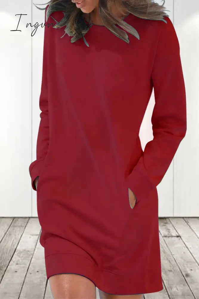 Ingvn - Casual Solid Color O Neck Long Sleeve Dresses(6 Colors) Red / S Dresses/Long Dresses
