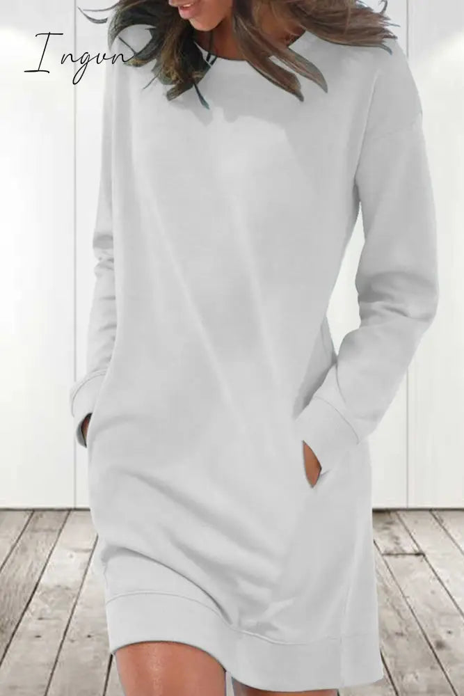 Ingvn - Casual Solid Color O Neck Long Sleeve Dresses(6 Colors) White / S Dresses/Long Dresses