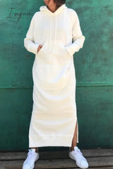 Ingvn - Casual Solid Draw String Pocket Hooded Collar Long Sleeve Dresses Dresses/Casual