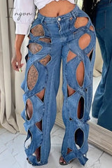 Ingvn - Casual Solid Hollowed Out Patchwork High Waist Regular Denim Jeans Blue / S Denim/Jeans