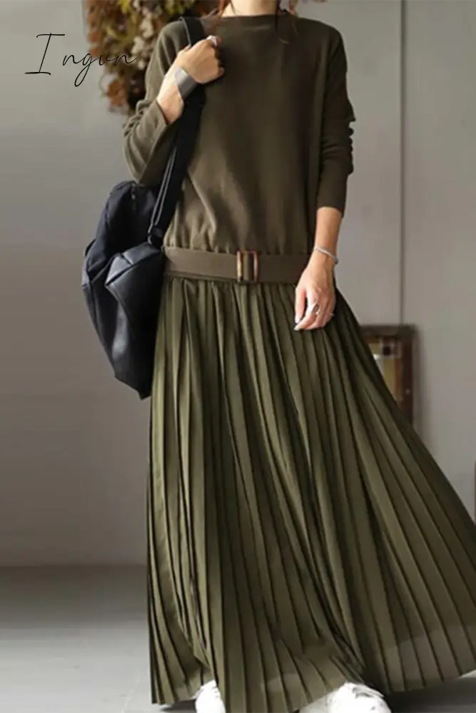 Ingvn - Casual Solid Patchwork Fold O Neck Long Sleeve Dresses Dresses/Casual