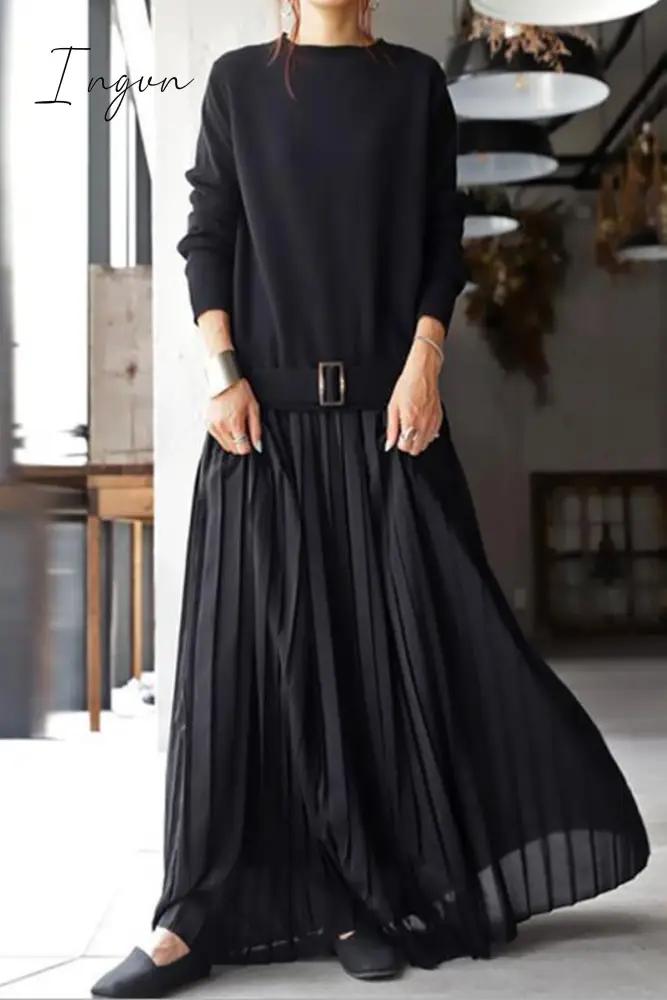 Ingvn - Casual Solid Patchwork Fold O Neck Long Sleeve Dresses Black / One Size Dresses/Casual