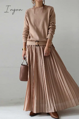 Ingvn - Casual Solid Patchwork Fold O Neck Long Sleeve Dresses Pink / One Size Dresses/Casual