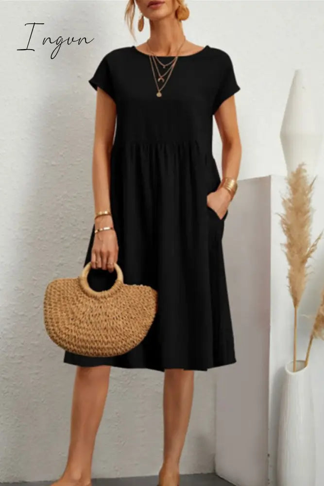 Ingvn - Casual Solid Patchwork O Neck A Line Short Sleeve Dress(11 Colors) Black / S Dresses/Short