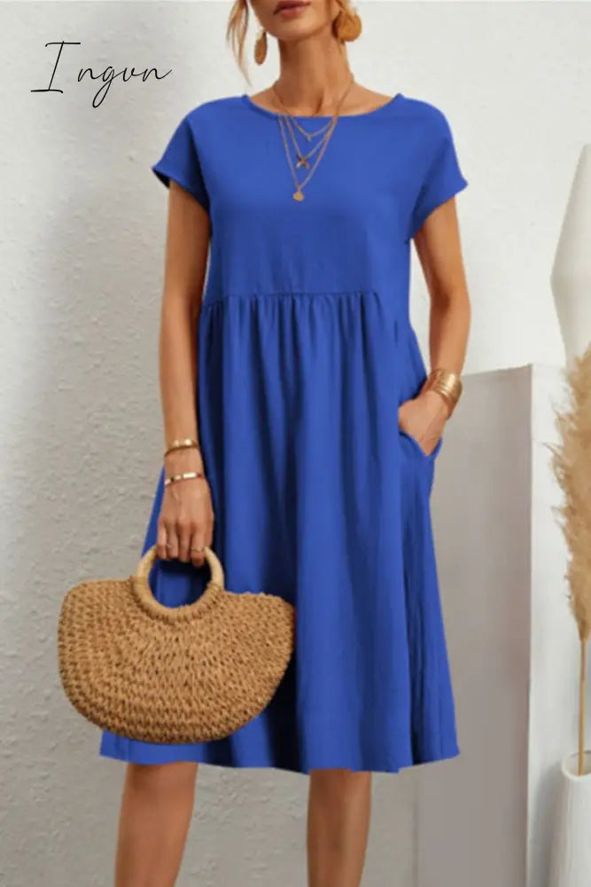 Ingvn - Casual Solid Patchwork O Neck A Line Short Sleeve Dress(11 Colors) Blue / S Dresses/Short