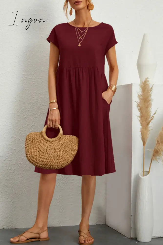 Ingvn - Casual Solid Patchwork O Neck A Line Short Sleeve Dress(11 Colors) Burgundy / S