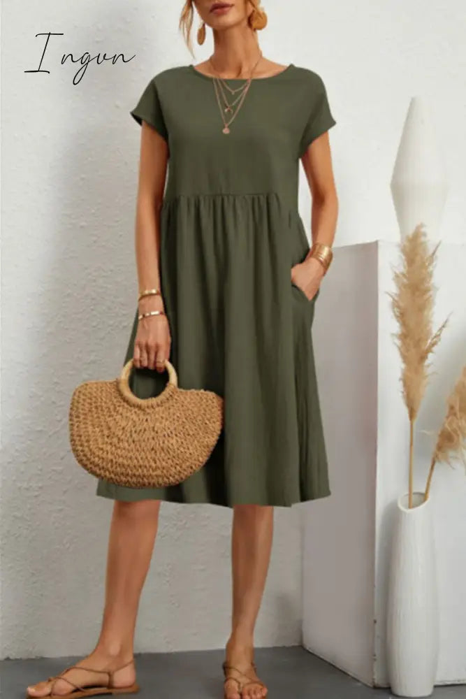 Ingvn - Casual Solid Patchwork O Neck A Line Short Sleeve Dress(11 Colors) Dresses/Short Dress