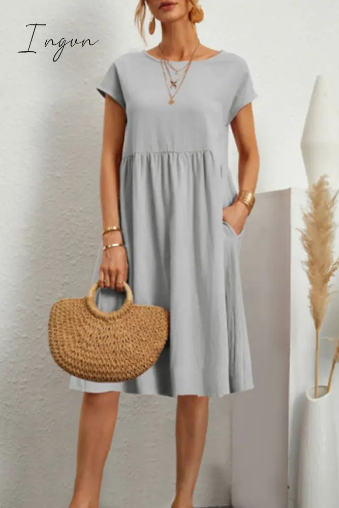 Ingvn - Casual Solid Patchwork O Neck A Line Short Sleeve Dress(11 Colors) Grey / S Dresses/Short