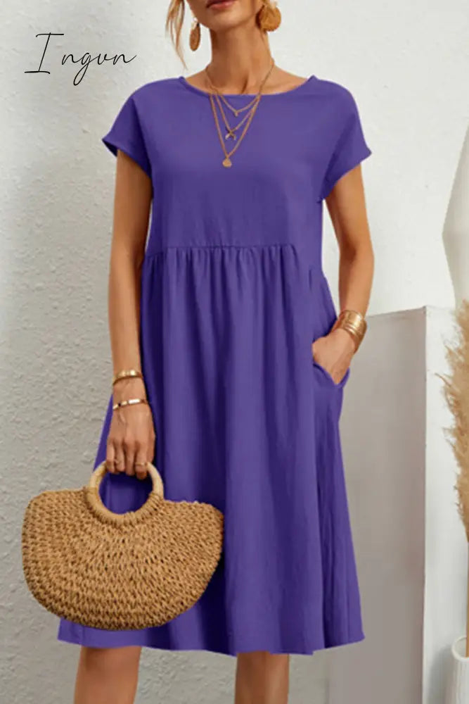 Ingvn - Casual Solid Patchwork O Neck A Line Short Sleeve Dress(11 Colors) Purple / S Dresses/Short