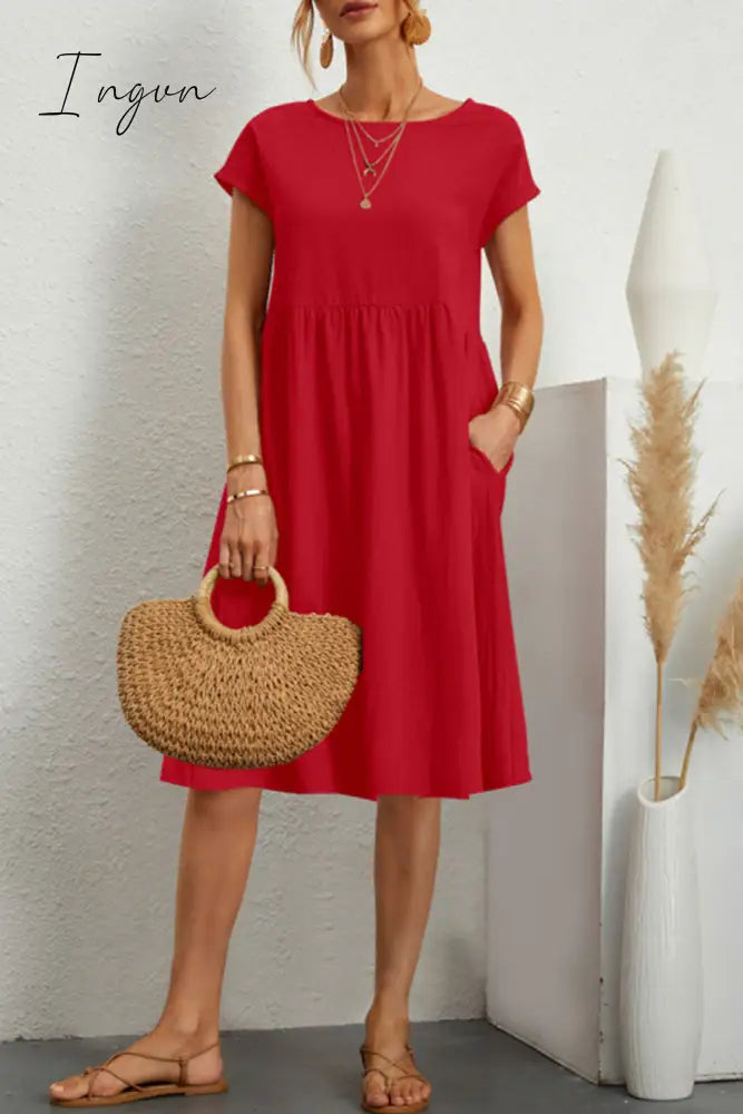 Ingvn - Casual Solid Patchwork O Neck A Line Short Sleeve Dress(11 Colors) Red / S Dresses/Short