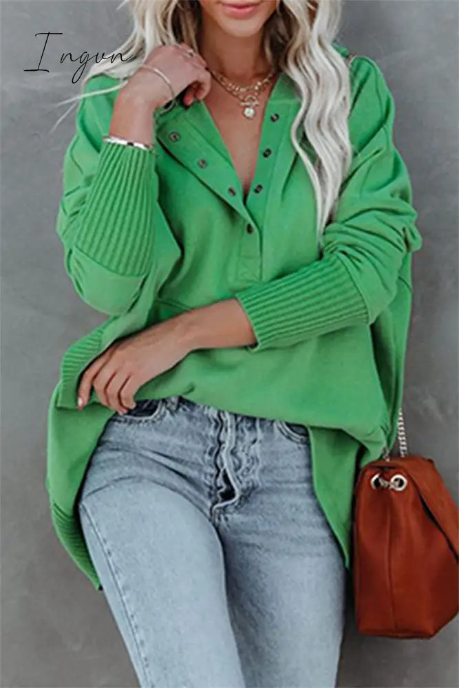 Ingvn - Casual Solid Pocket Buckle Hooded Collar Tops(14 Colors) Green / S Tops/Sweats & Hoodies