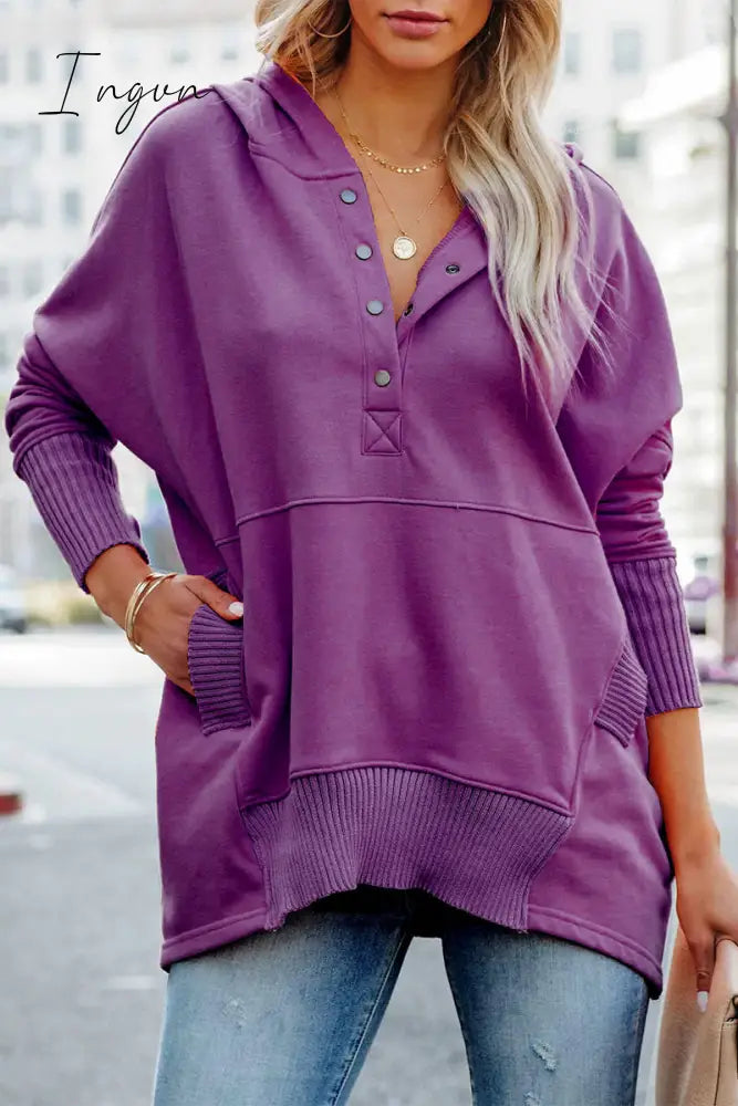 Ingvn - Casual Solid Pocket Buckle Hooded Collar Tops(14 Colors) Purple / S Tops/Sweats & Hoodies
