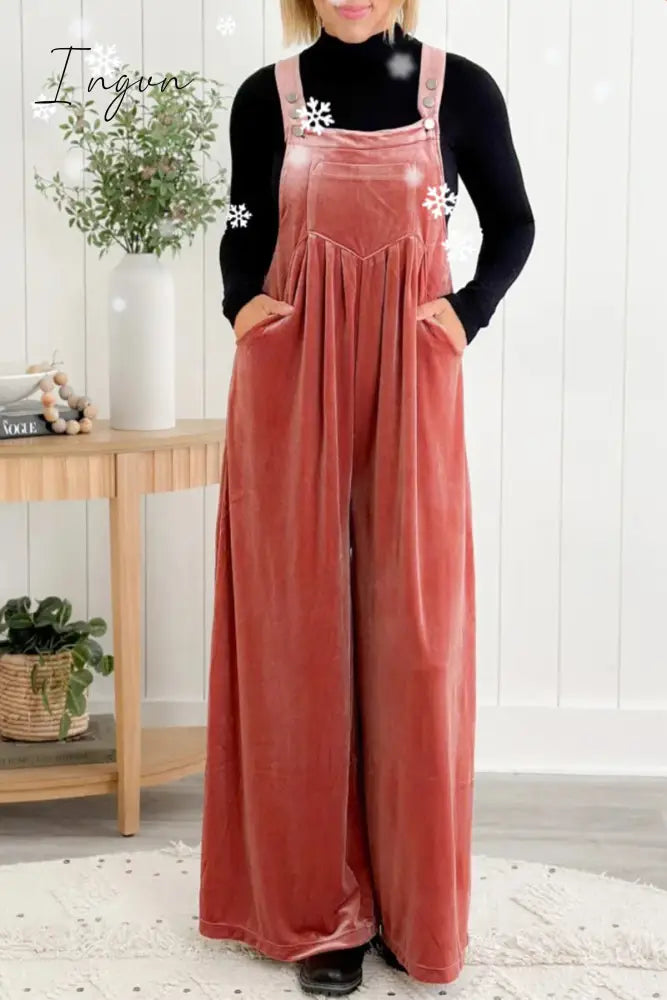 Ingvn - Casual Solid Pocket Fold Square Collar Loose Jumpsuits Brick Red / S & Rompers/Jumpsuits