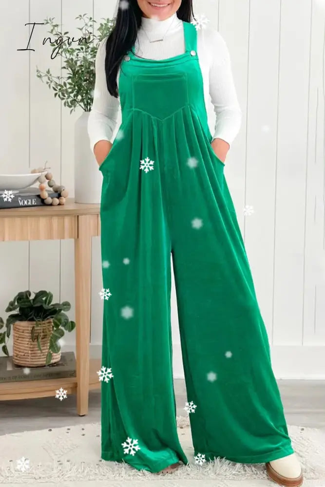 Ingvn - Casual Solid Pocket Fold Square Collar Loose Jumpsuits Green / S & Rompers/Jumpsuits