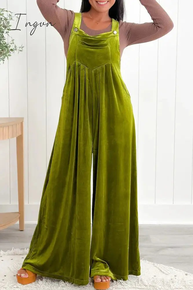 Ingvn - Casual Solid Pocket Fold Square Collar Loose Jumpsuits Olive Green / S & Rompers/Jumpsuits