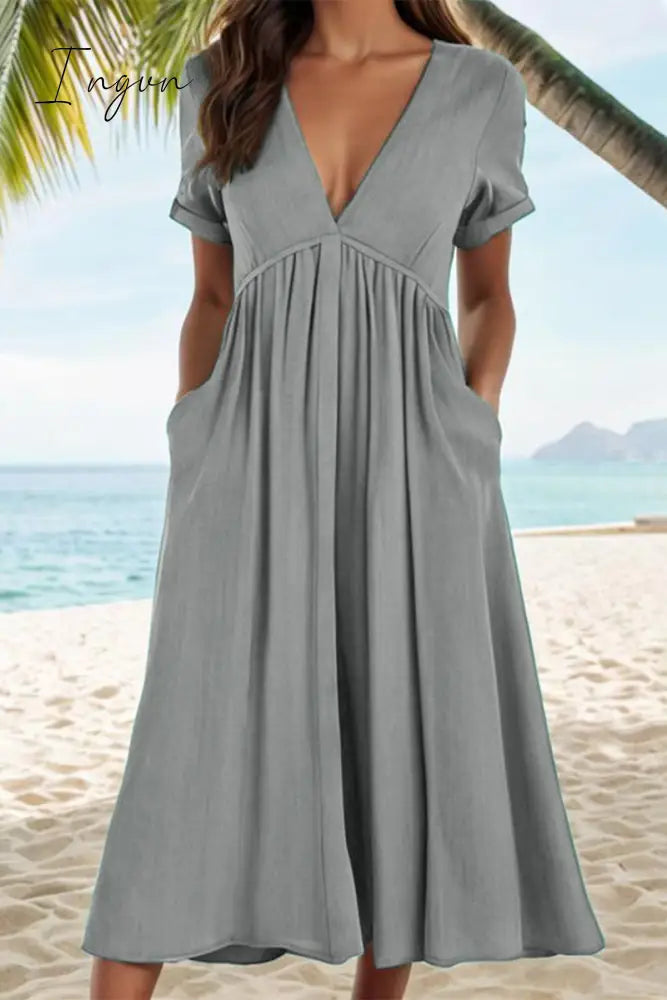 Ingvn - Casual Solid Pocket Fold V Neck A Line Dresses Grey / S Dresses/Casual