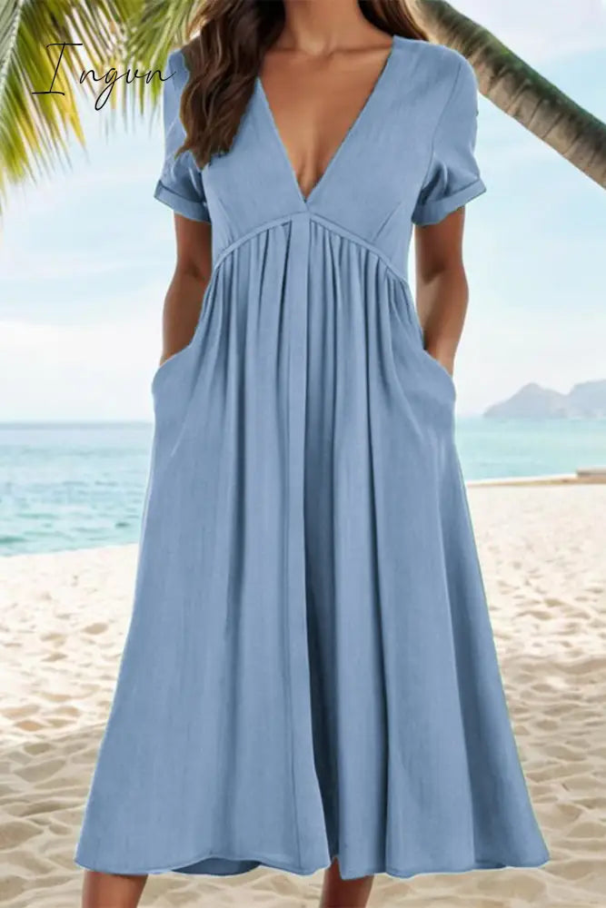 Ingvn - Casual Solid Pocket Fold V Neck A Line Dresses Sky Blue / S Dresses/Casual