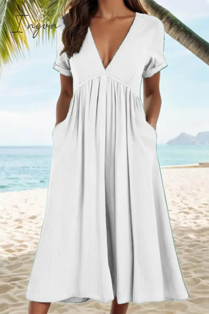 Ingvn - Casual Solid Pocket Fold V Neck A Line Dresses White / S Dresses/Casual
