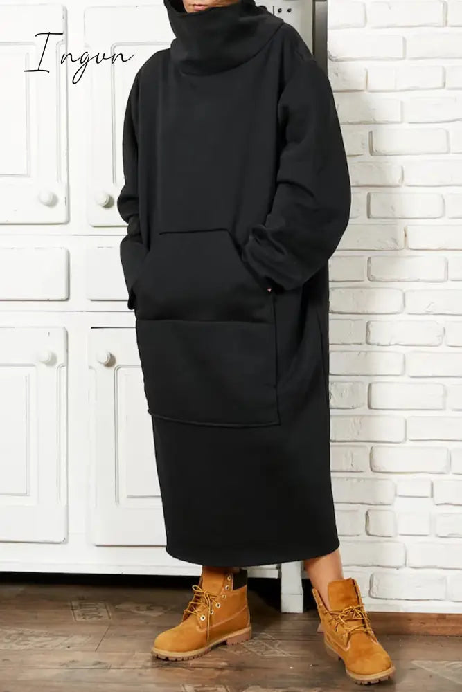 Ingvn - Casual Solid Pocket Turtleneck Long Sleeve Dresses Black / S Dresses/Casual
