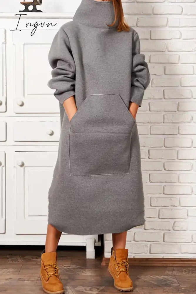 Ingvn - Casual Solid Pocket Turtleneck Long Sleeve Dresses Grey / S Dresses/Casual