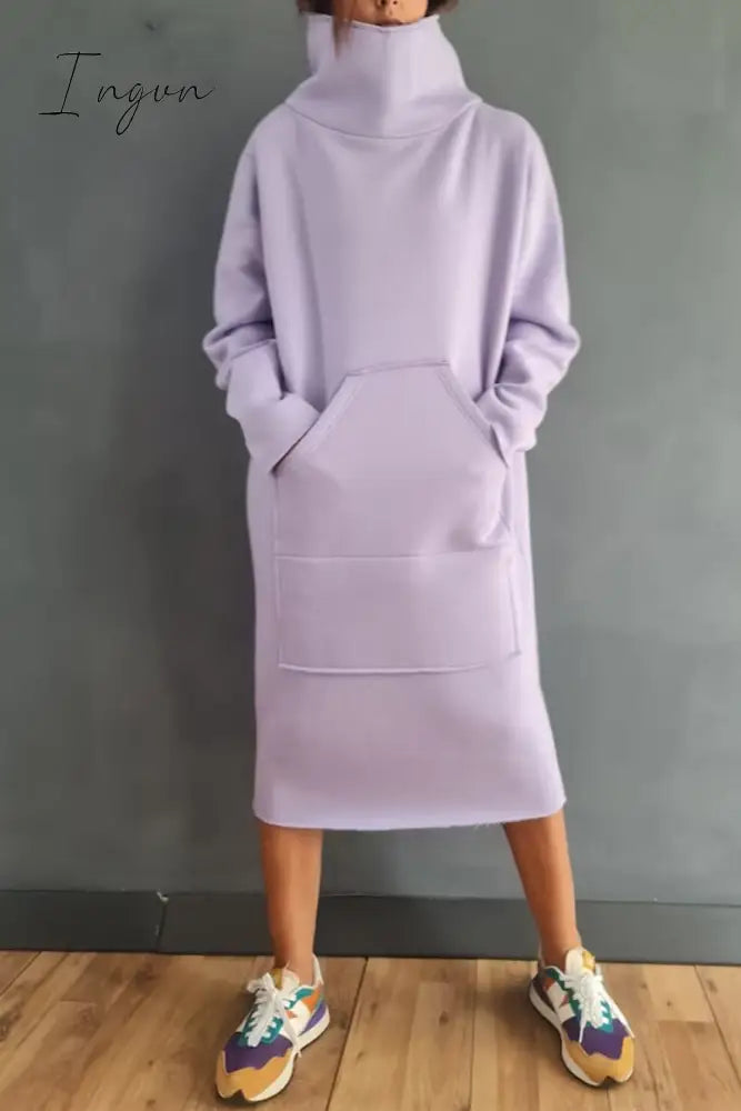 Ingvn - Casual Solid Pocket Turtleneck Long Sleeve Dresses Purple / S Dresses/Casual