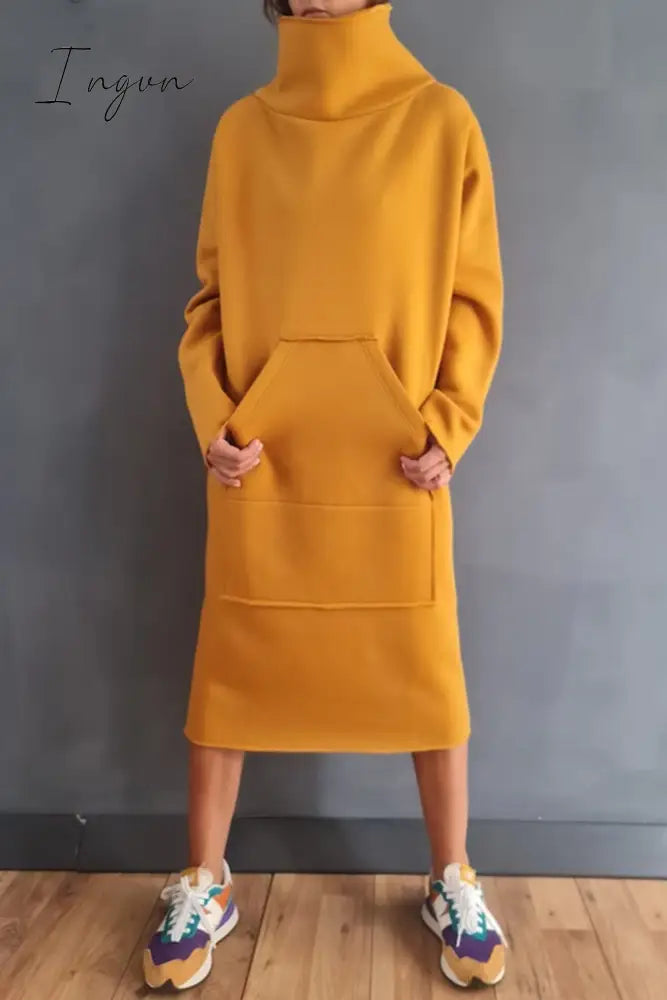 Ingvn - Casual Solid Pocket Turtleneck Long Sleeve Dresses Yellow / S Dresses/Casual