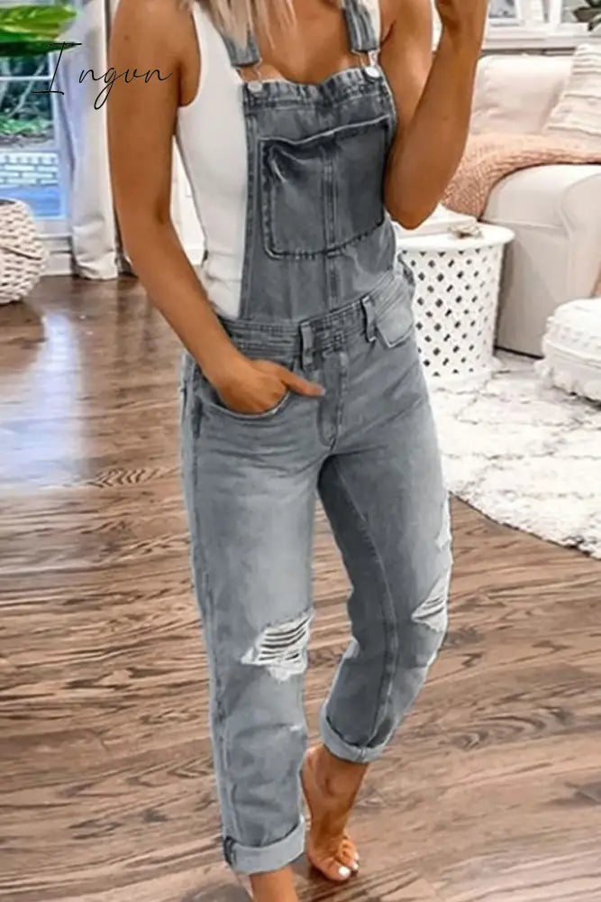 Ingvn - Casual Solid Ripped Regular Jumpsuits(3 Colors) Grey / S Jumpsuits & Rompers/Jumpsuits