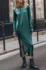 Ingvn - Casual Solid Slit O Neck Long Sleeve Dresses Dresses/Long
