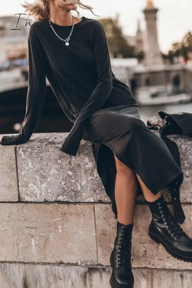 Ingvn - Casual Solid Slit O Neck Long Sleeve Dresses Black / S Dresses/Long