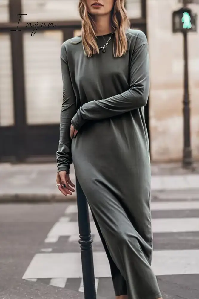 Ingvn - Casual Solid Slit O Neck Long Sleeve Dresses Grey / S Dresses/Long