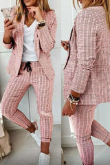 Ingvn - Casual Street Plaid Split Joint Turndown Collar Long Sleeve Two Pieces(4 Colors) Pink / S