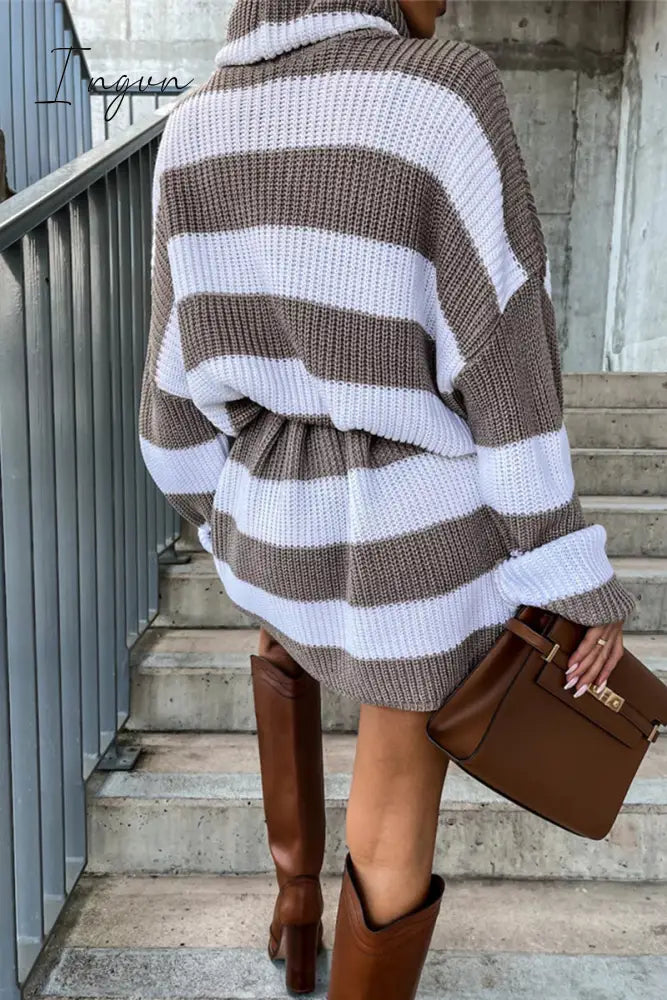 Ingvn - Casual Striped Patchwork Turtleneck Long Sleeve Dresses Dresses/Sweater