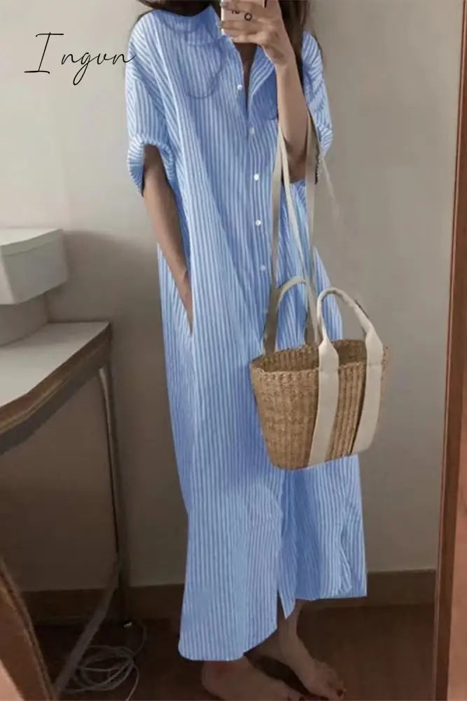 Ingvn - Casual Striped Pocket Polo Collar Shirt Dress Dresses Sky Blue / S Dresses/Casual