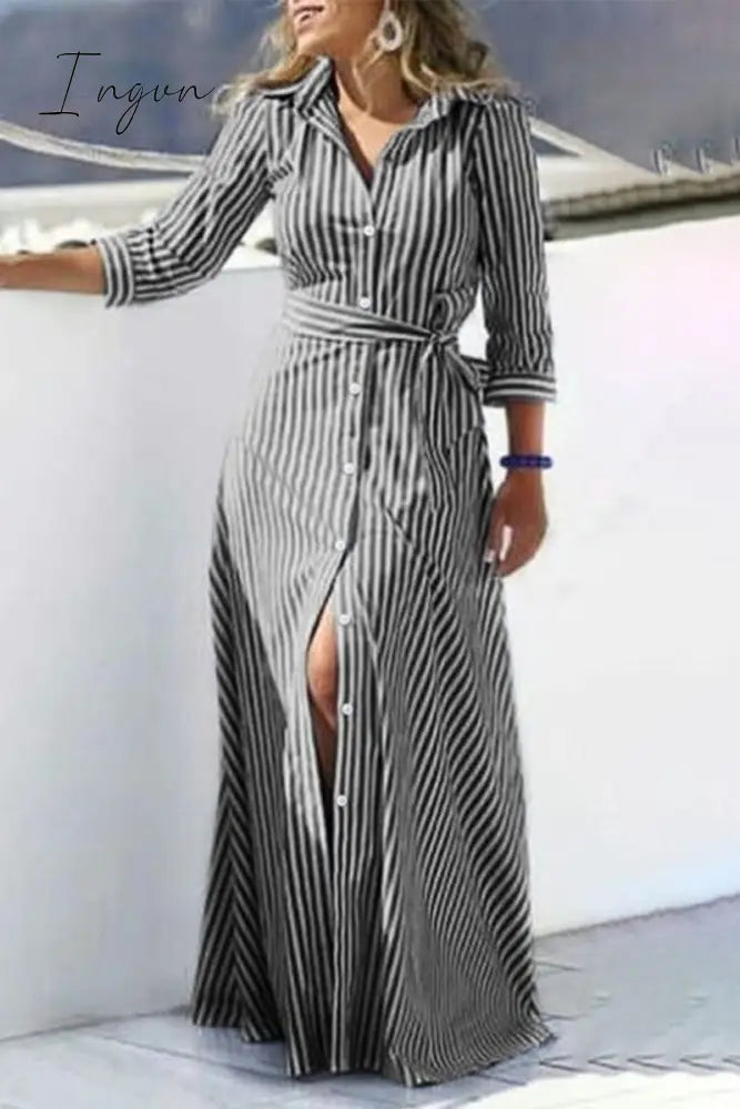 Ingvn - Casual Striped Print Buckle With Belt Turndown Collar Shirt Dress Dresses Black / S