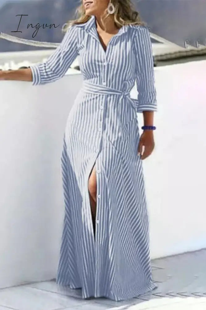 Ingvn - Casual Striped Print Buckle With Belt Turndown Collar Shirt Dress Dresses Blue / S