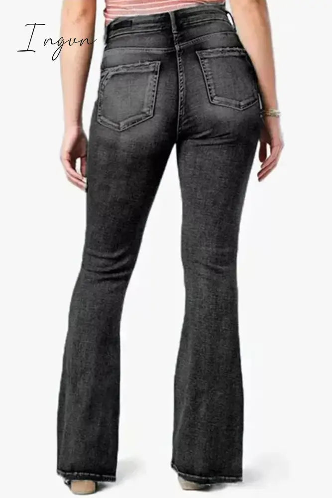 Ingvn- Casual Vintage Solid Make Old Mid Waist Regular Denim Jeans Denim/Jeans